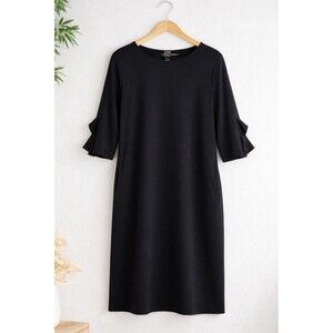 Clara Sun Woo Black Shift Dress L Ruffle Sleeve Scoop Neck Pockets USA